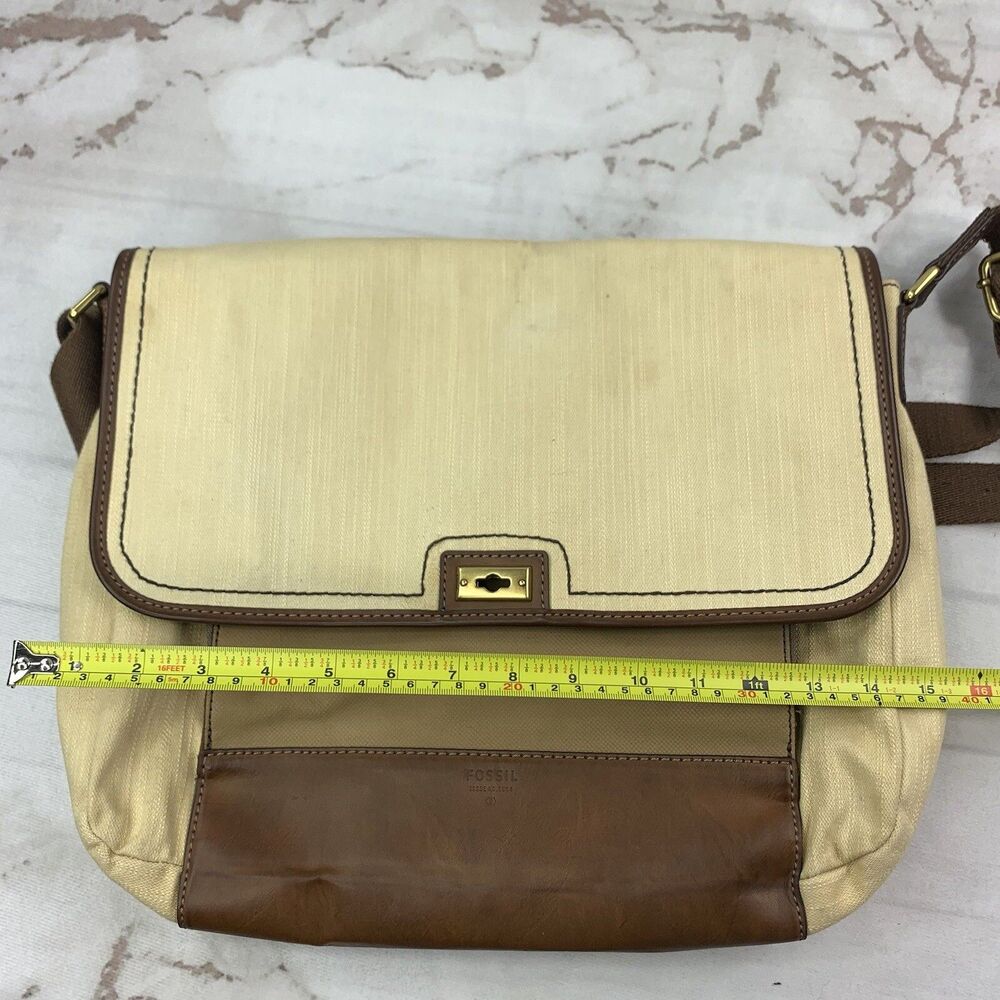 Fossil Messager Bag Canvas Leather Tan Crossbody Laptop Hobbit Cottagecore Large